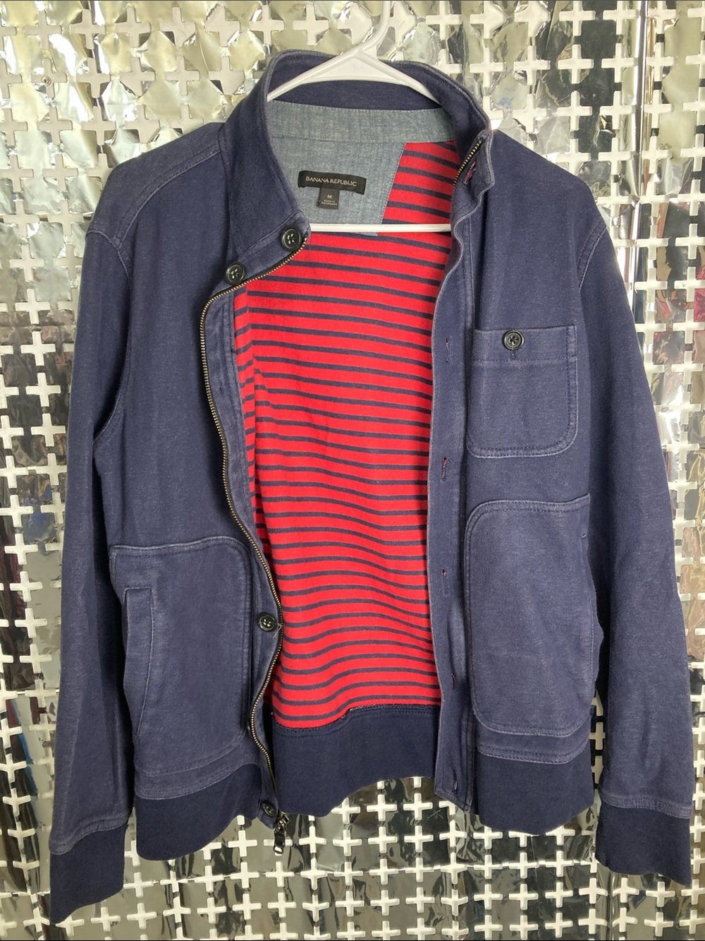 Banana Republic Men’s Navy Zip-Up Sweater with Red Striped Lining